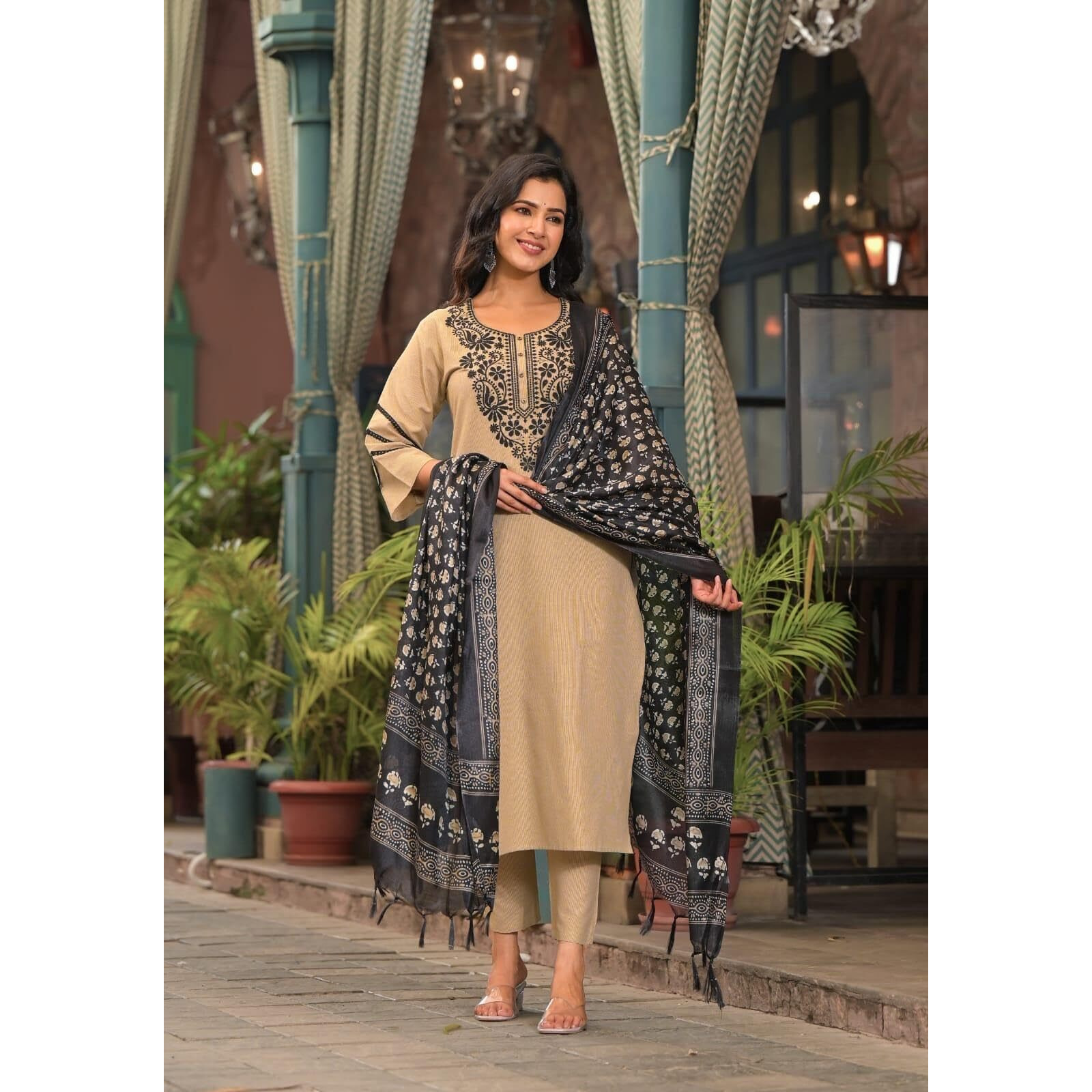 Gosriki Women's Rayon Blend Straight Embroidered Kurta With Pant & Dupatta (Soul Chiku-Gs_M_Beige_Medium)