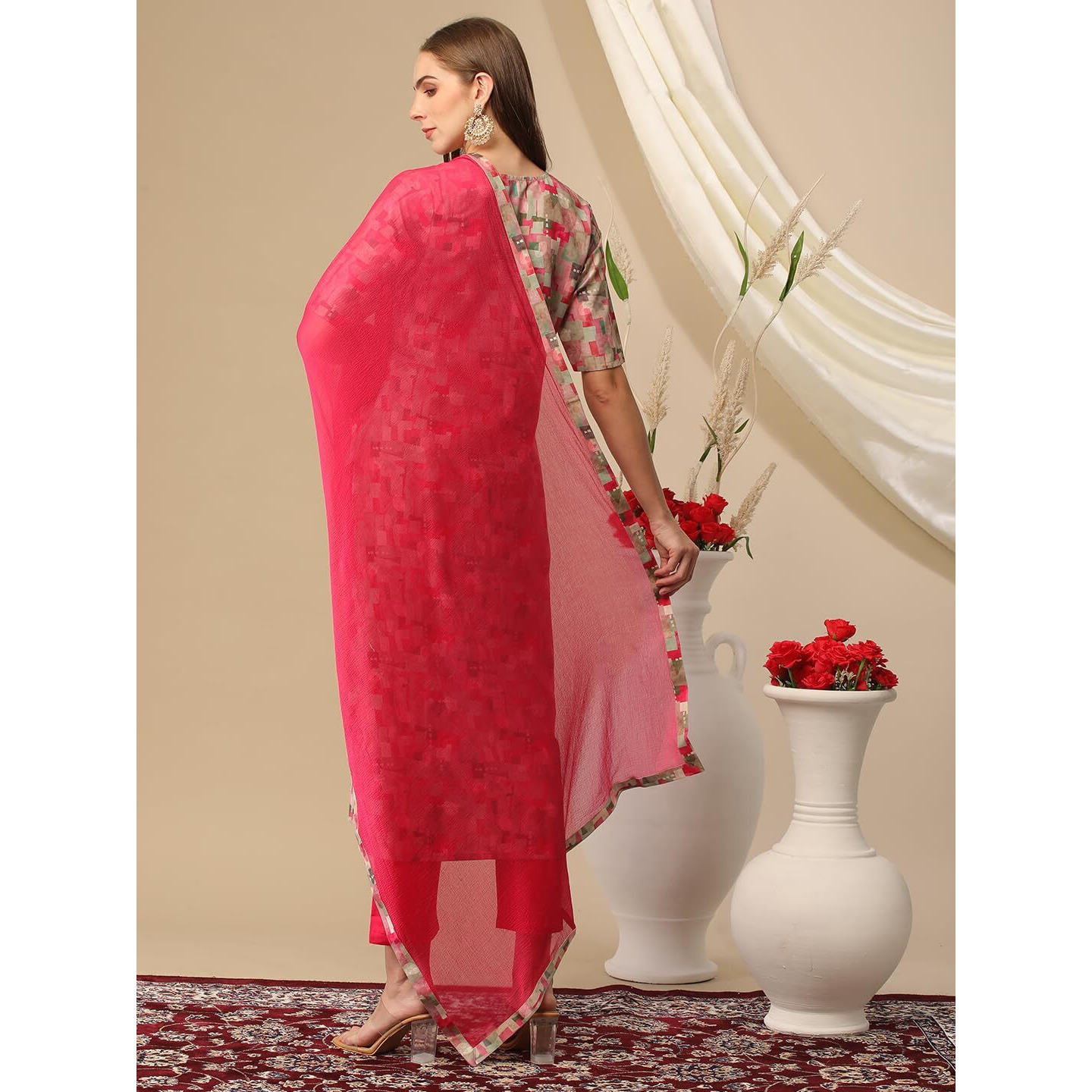 Gosriki Women's Cotton Blend Printed Straight Kurta With Pant & Dupatta (Dra Pink-Gs_Xxl_Pink_Xx-Large)