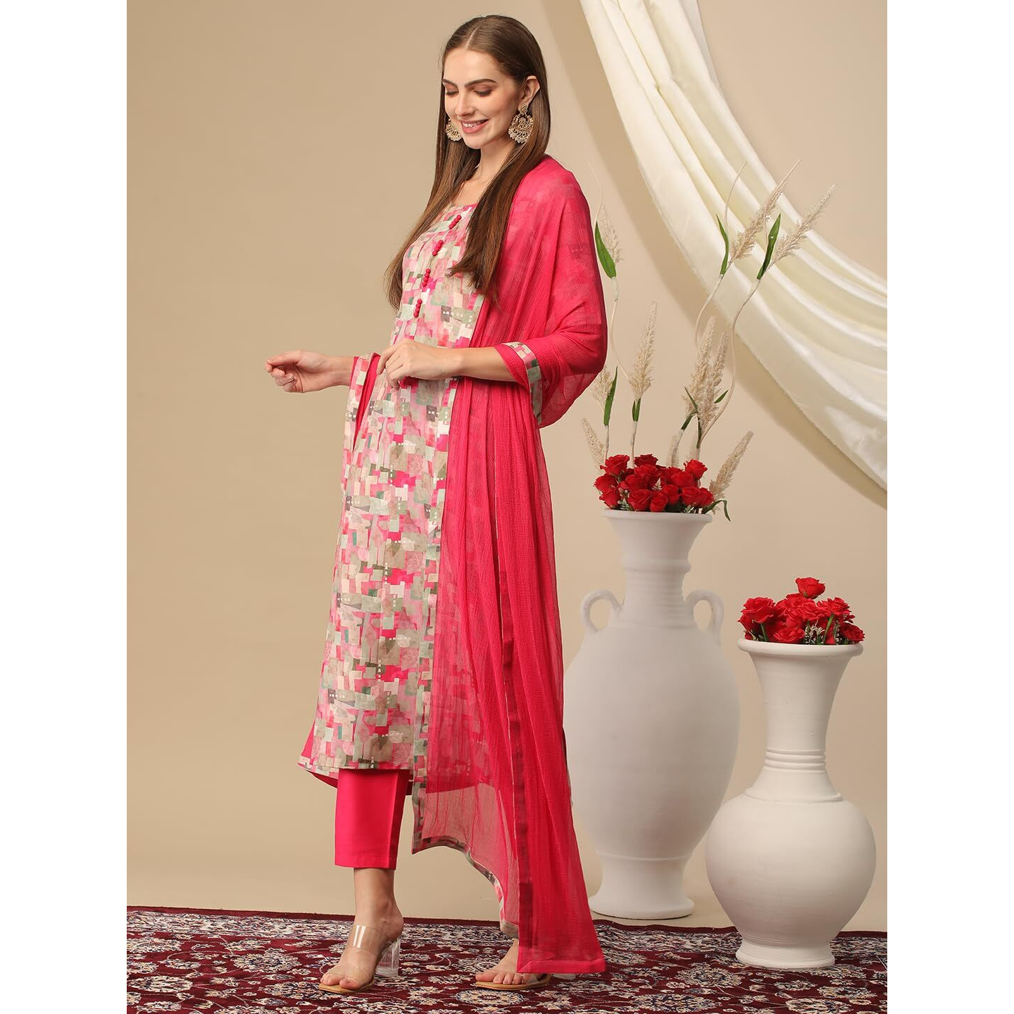 Gosriki Women's Cotton Blend Printed Straight Kurta With Pant & Dupatta (Dra Pink-Gs_Xxl_Pink_Xx-Large)