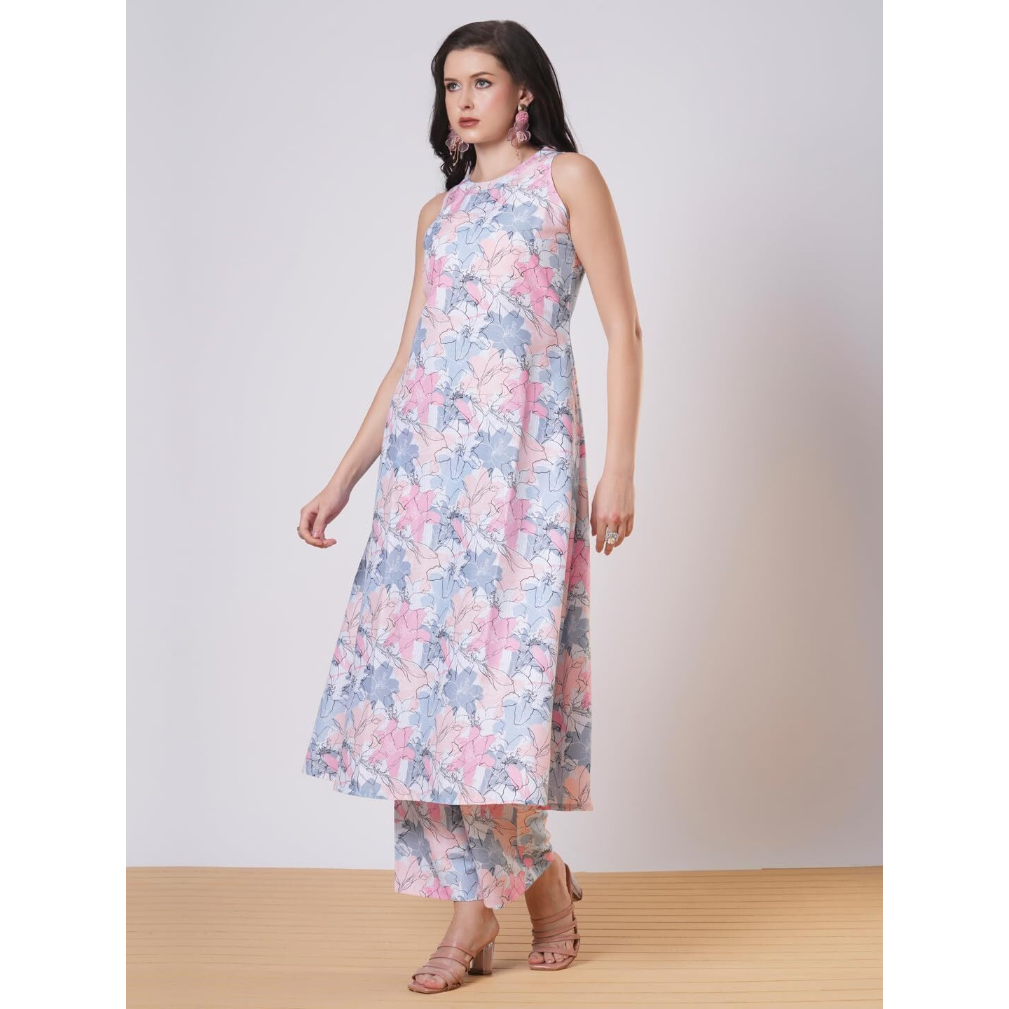 Gosriki Women's Rayon Viscose Anarkali Printed Kurta With Pant (Sbl Grey-Vks01-Gs_M_Grey_Medium)