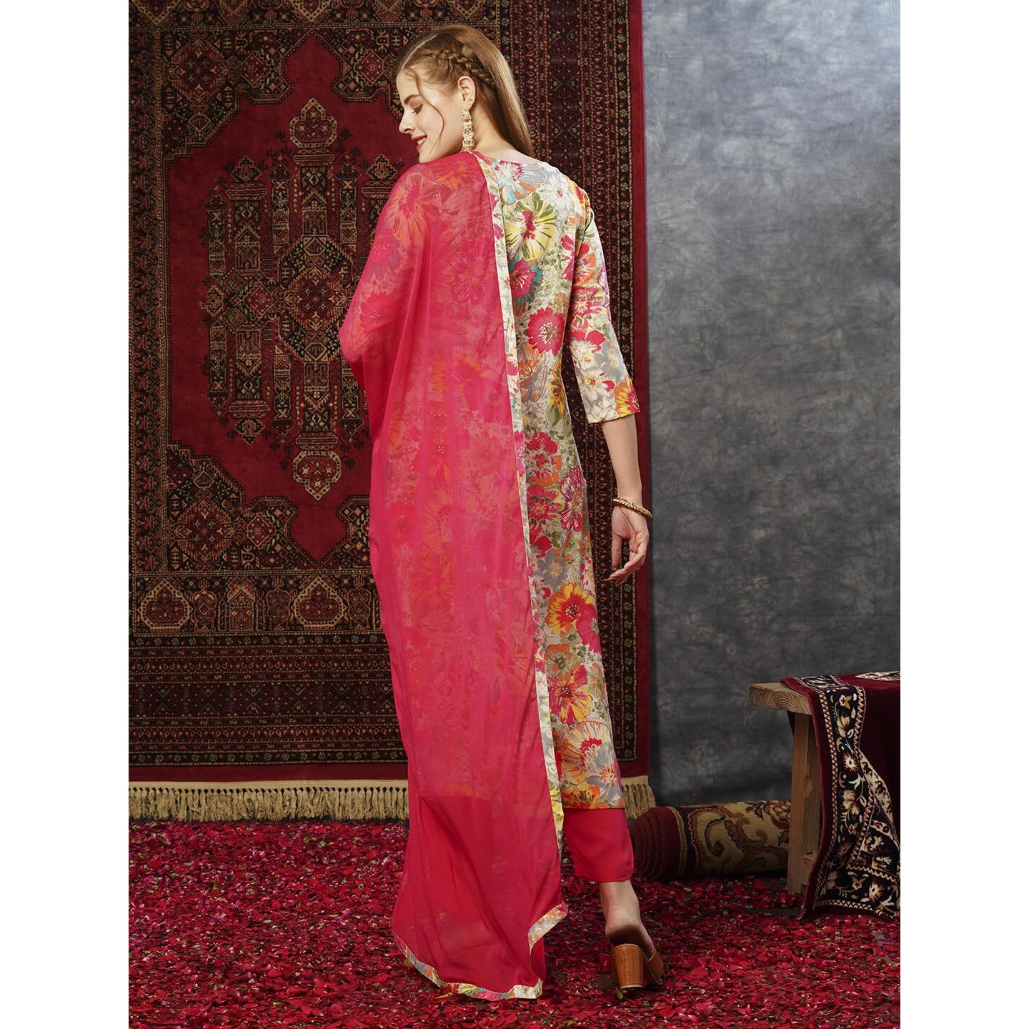 Gosriki Women's Cotton Blend Printed Straight Kurta With Pant & Dupatta (Ruth Pink-Jl-Gs_M_Pink_Medium)