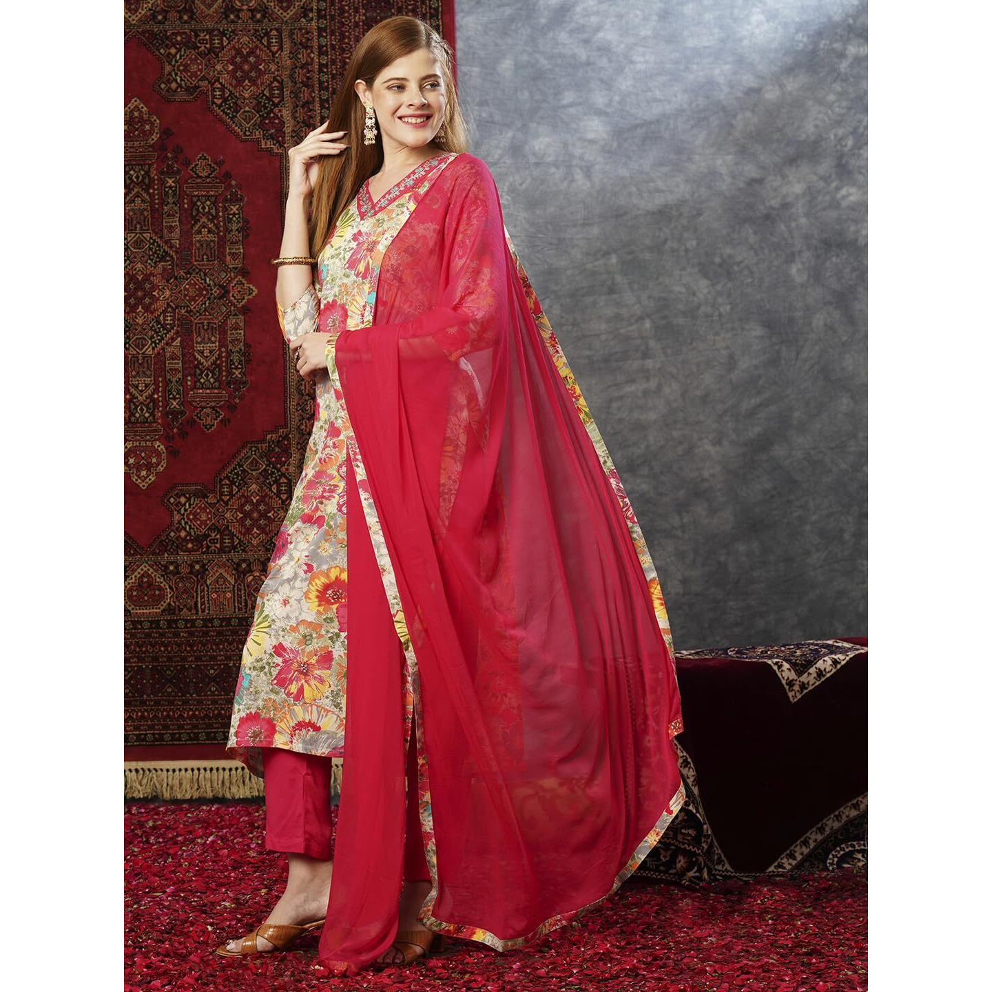 Gosriki Women's Cotton Blend Printed Straight Kurta With Pant & Dupatta (Ruth Pink-Jl-Gs_M_Pink_Medium)