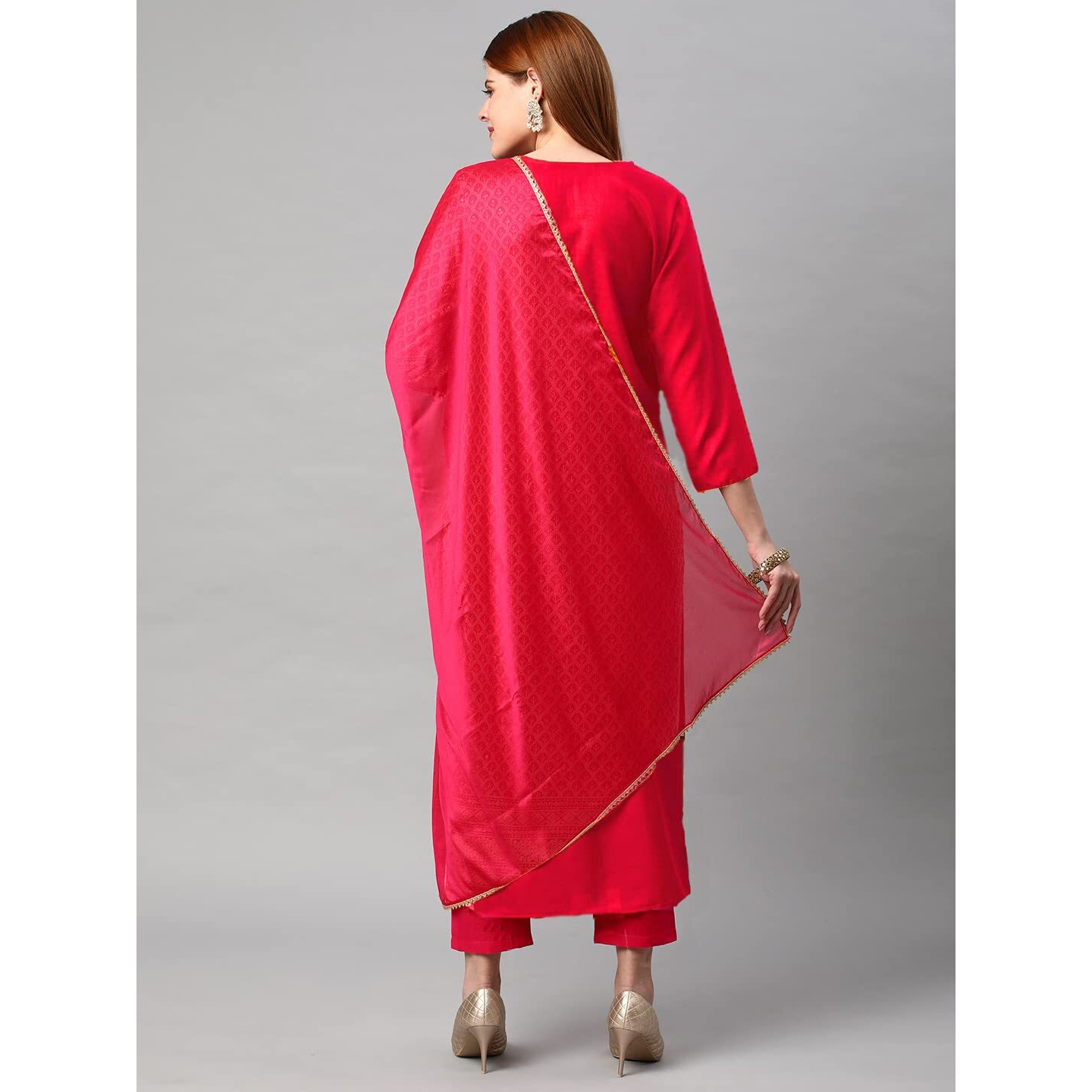 Gosriki Women's Cotton Blend Floral Printed Straight Kurta With Pants & Dupatta (Dumas-Pink-Nw-Gs_M_Pink_Medium)