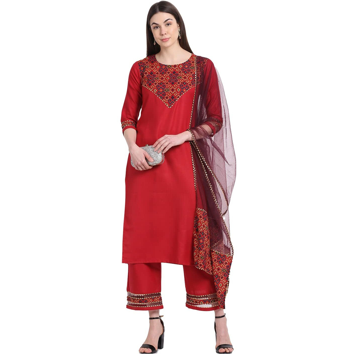 Gosriki Women's Cotton Blend Straight Printed Kurta With Pant & Dupatta (Tigu-Red_L-Go_Red_Large)