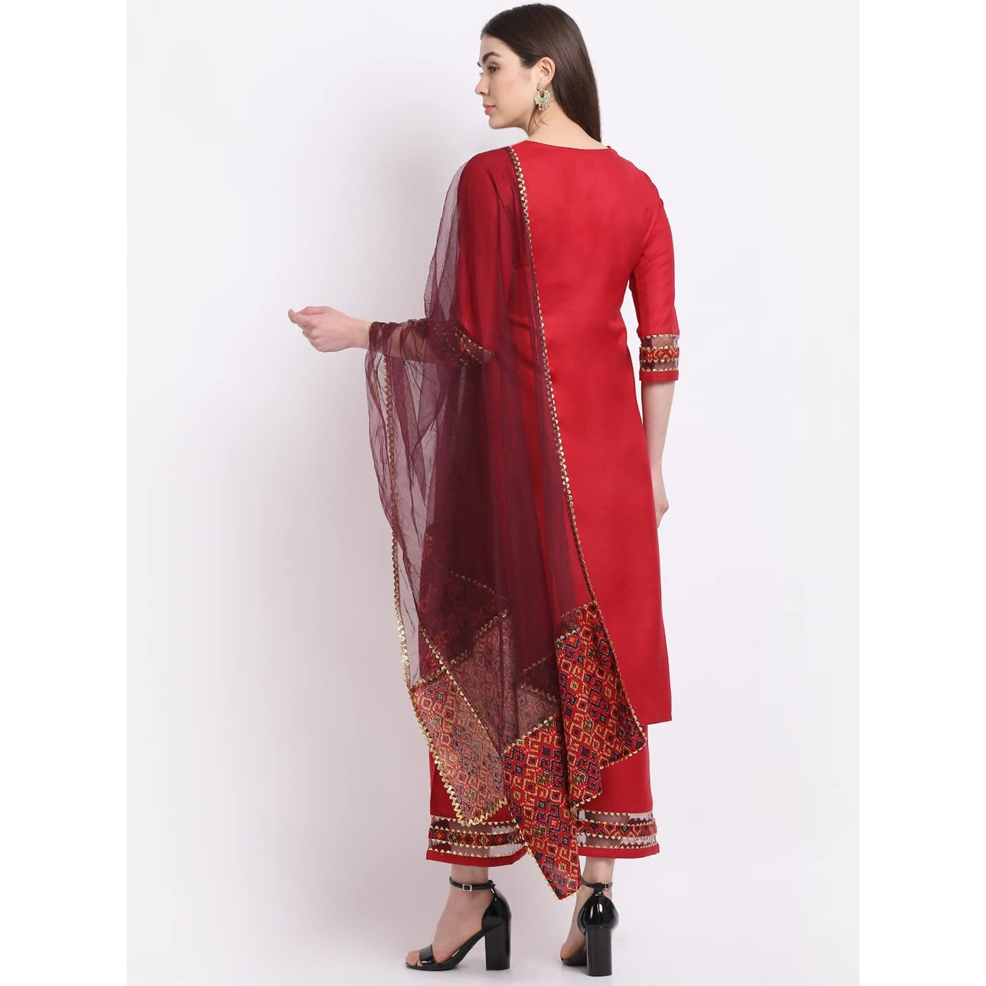 Gosriki Women's Cotton Blend Straight Printed Kurta With Pant & Dupatta (Tigu-Red_L-Go_Red_Large)