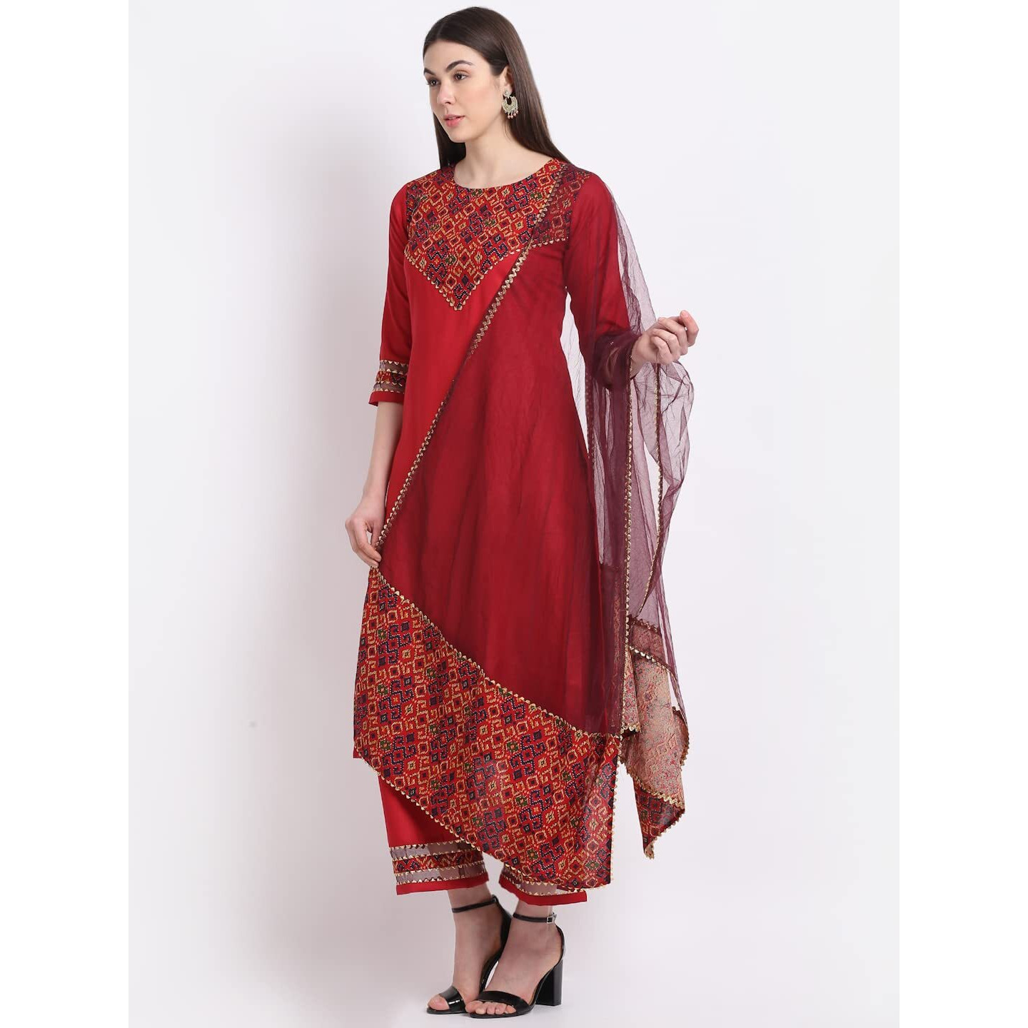 Gosriki Women's Cotton Blend Straight Printed Kurta With Pant & Dupatta (Tigu-Red_L-Go_Red_Large)