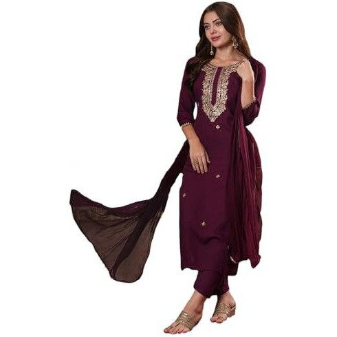 Gosriki Women's Cotton Blend Straight Embroidered Kurta With Pant & Dupatta (Kesu Wine-Gs_L_Wine_Large)