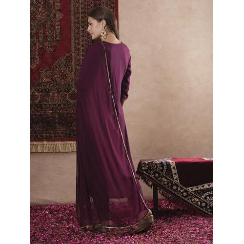 Gosriki Women's Cotton Blend Straight Embroidered Kurta With Pant & Dupatta (Kesu Wine-Gs_L_Wine_Large)