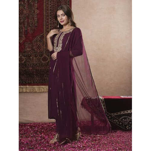 Gosriki Women's Cotton Blend Straight Embroidered Kurta With Pant & Dupatta (Kesu Wine-Gs_L_Wine_Large)