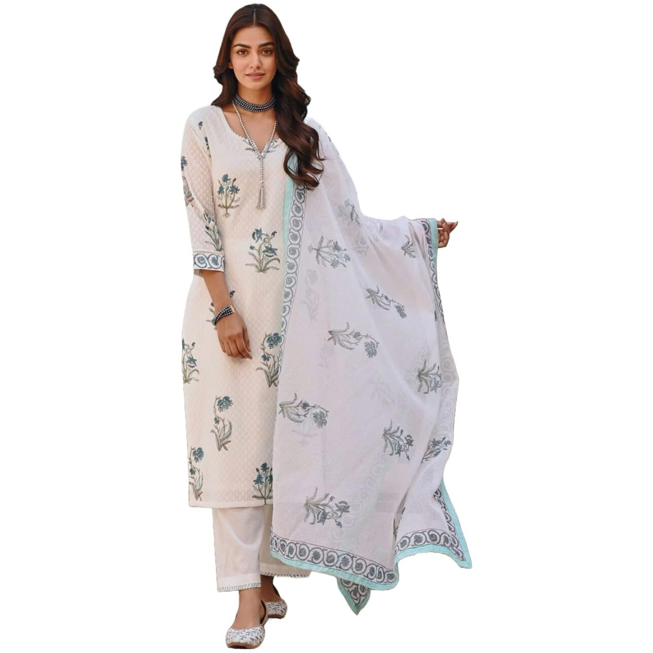 Gosriki Women's Rayon Blend Straight Printed Kurta With Pant & Dupatta (Jamin Multi-Gs_Xl_White_X-Large)