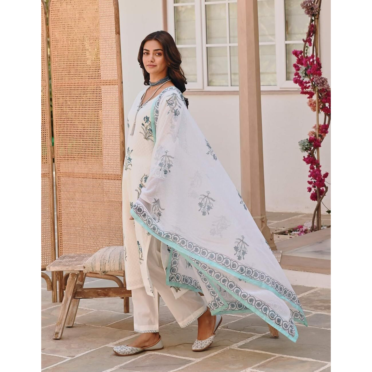 Gosriki Women's Rayon Blend Straight Printed Kurta With Pant & Dupatta (Jamin Multi-Gs_Xl_White_X-Large)