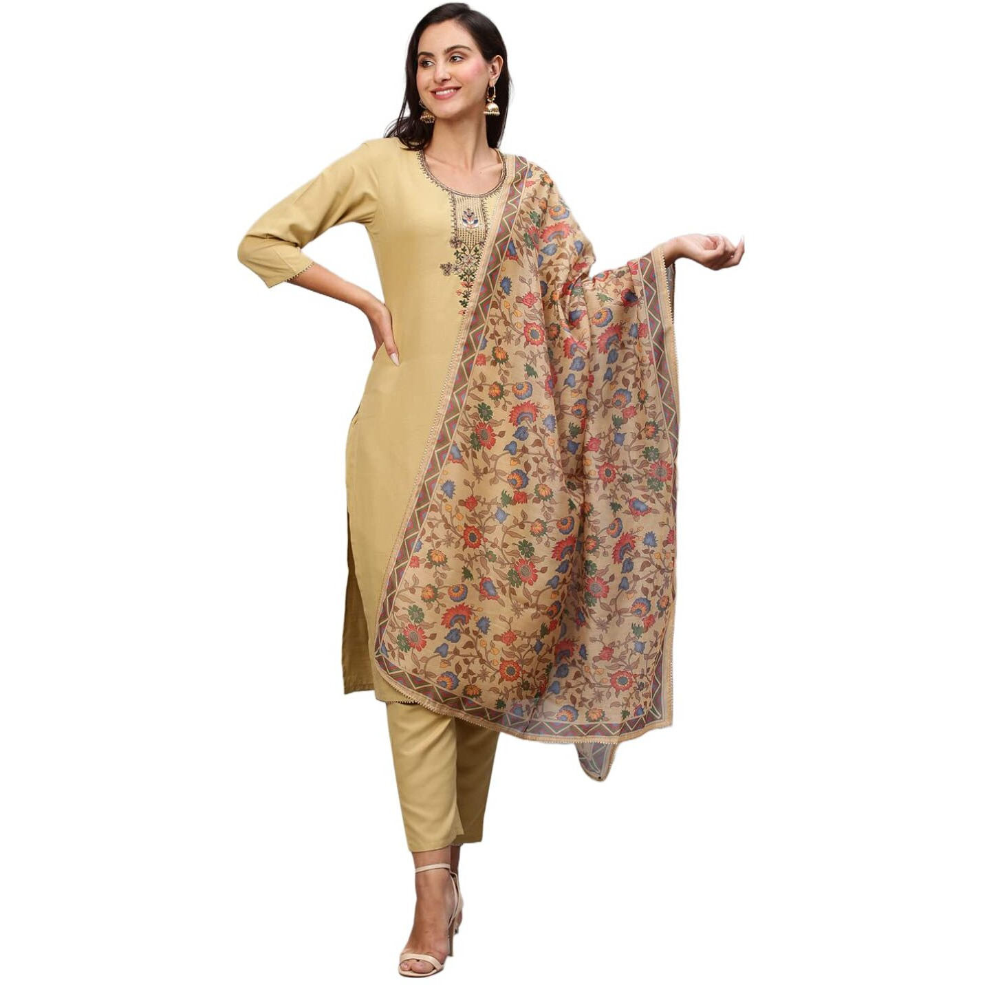 Gosriki Women's Cotton Blend Straight Solid Kurta With Pant & Dupatta (Shiva Beige-Jan18-Gs_M_Beige_Medium)