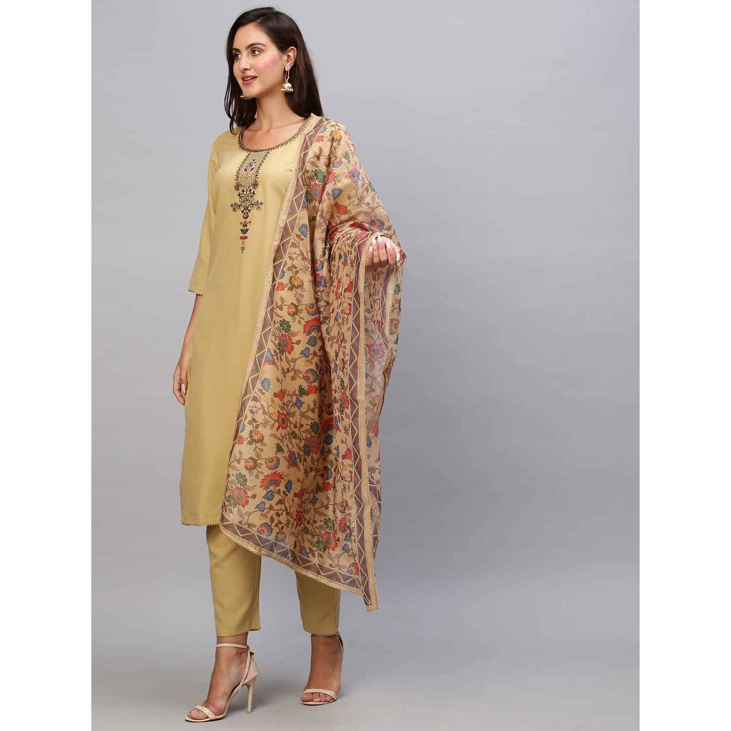 Gosriki Women's Cotton Blend Straight Solid Kurta With Pant & Dupatta (Shiva Beige-Jan18-Gs_M_Beige_Medium)