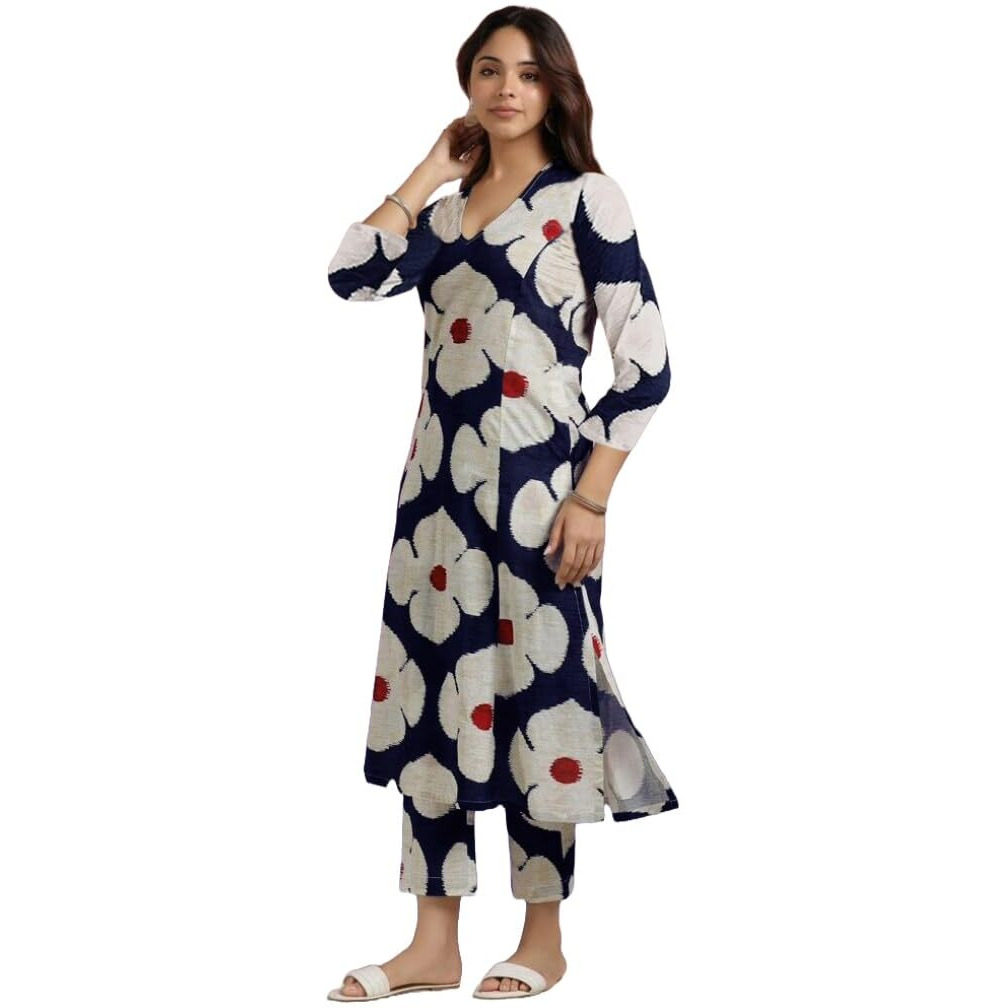 Gosriki Women's Cotton Blend Straight Printed Kurta With Pant (Chunilal Blue-Gs_S_Blue_Small)