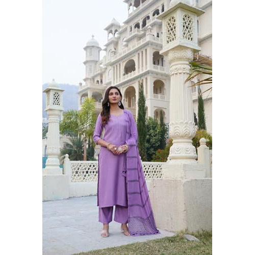 Gosriki Women's Rayon Blend Solid Straight Kurta With Pant & Dupatta (Raja Saab Purple-Vks05-Gs_Xxl_Purple_Xx-Large)