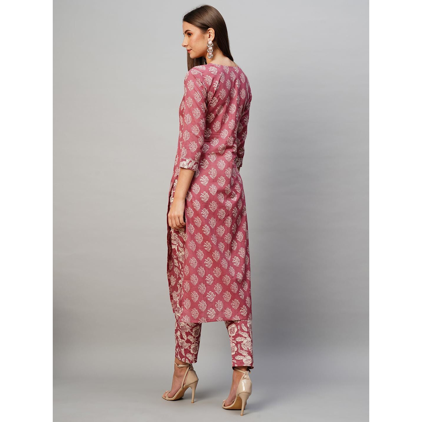 Gosriki Women's Cotton Blend Straight Printed Kurta With Pant (Gabri Pink-Gs_Xl_Pink_X-Large)