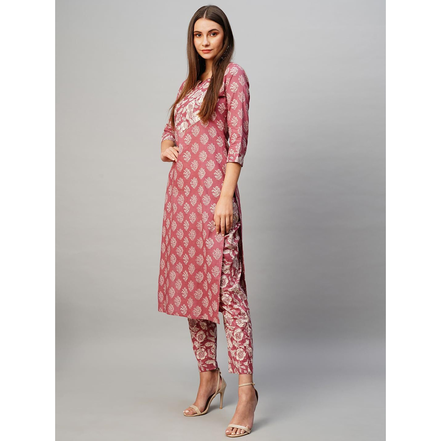 Gosriki Women's Cotton Blend Straight Printed Kurta With Pant (Gabri Pink-Gs_Xl_Pink_X-Large)