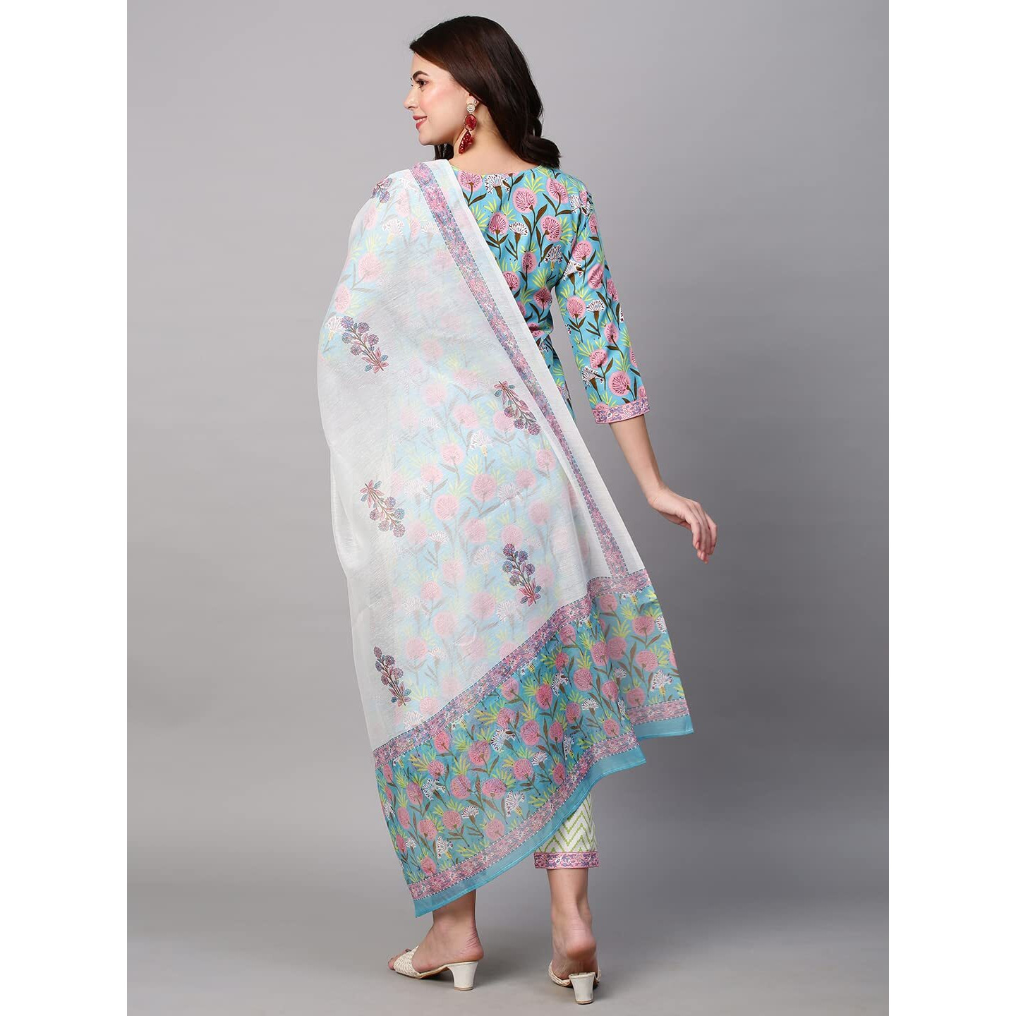 Gosriki Women's Cotton Blend Straight Printed Kurta With Pant & Dupatta (Gulab Green-Nw01-Gs_Xl_Green_X-Large)