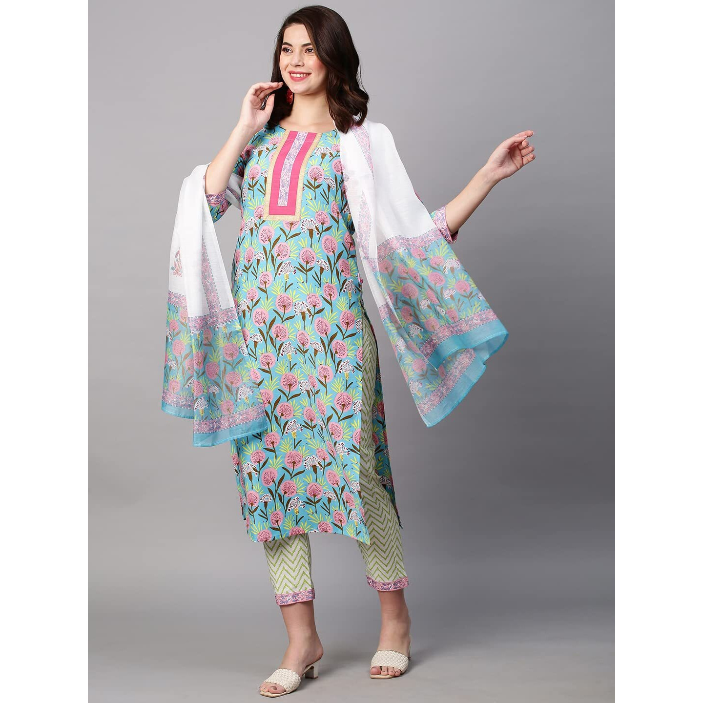 Gosriki Women's Cotton Blend Straight Printed Kurta With Pant & Dupatta (Gulab Green-Nw01-Gs_Xl_Green_X-Large)