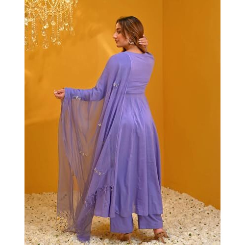Gosriki Women's Rayon Viscose Solid Anarkali Kurta With Pant & Dupatta (Tuntun Blue-Gs_S_Blue_Small)