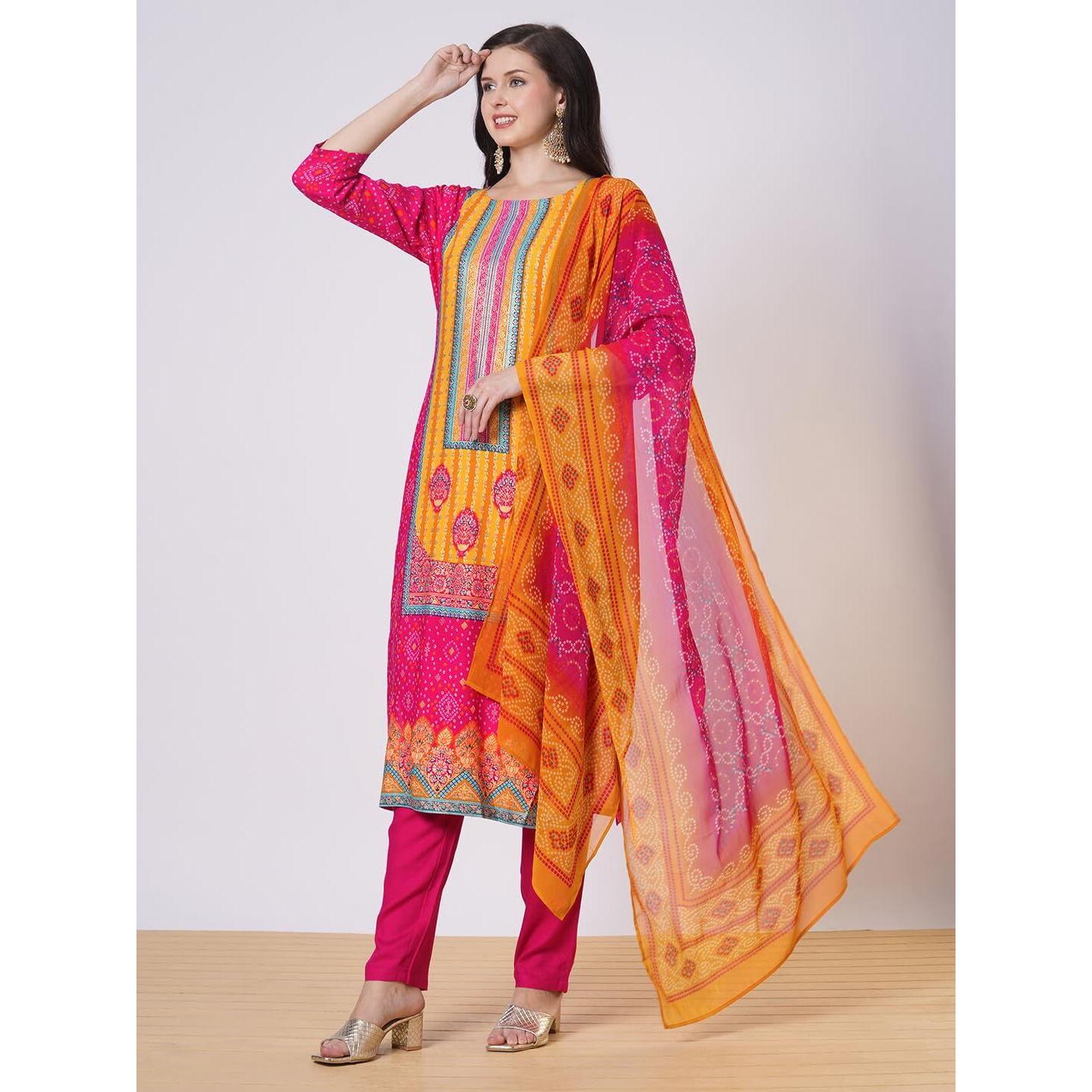 Gosriki Women's Rayon Viscose Printed Straight Kurta With Pant & Dupatta (Shubhangi Rani-Vks01-Gs_L_Pink_Large)