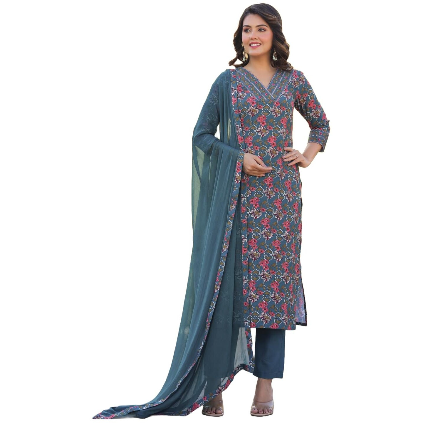 Gosriki Women's Rayon Blend Straight Printed Kurta With Pant & Dupatta (Shaniya Grey-Gs_Xl_Grey_X-Large)