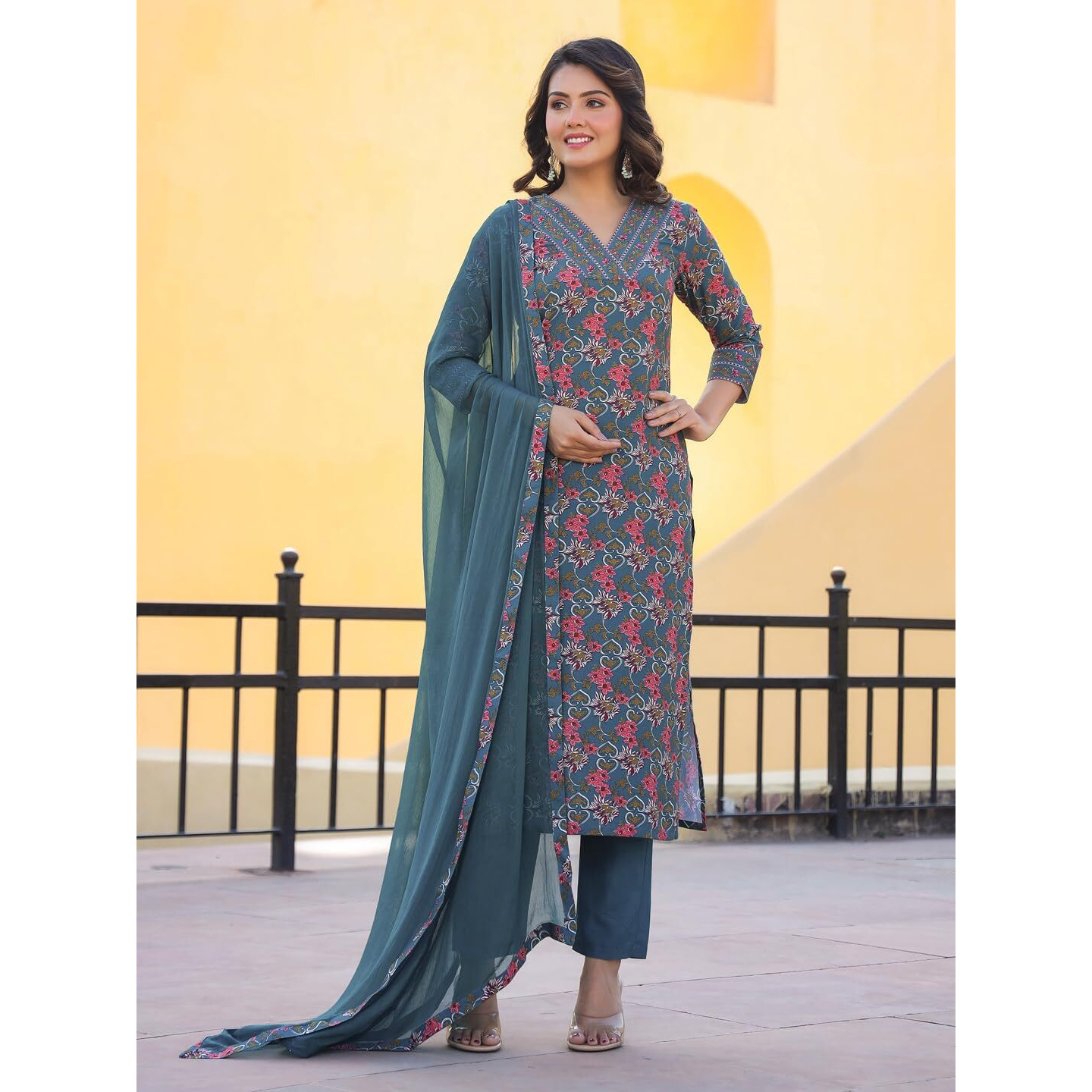 Gosriki Women's Rayon Blend Straight Printed Kurta With Pant & Dupatta (Shaniya Grey-Gs_Xl_Grey_X-Large)