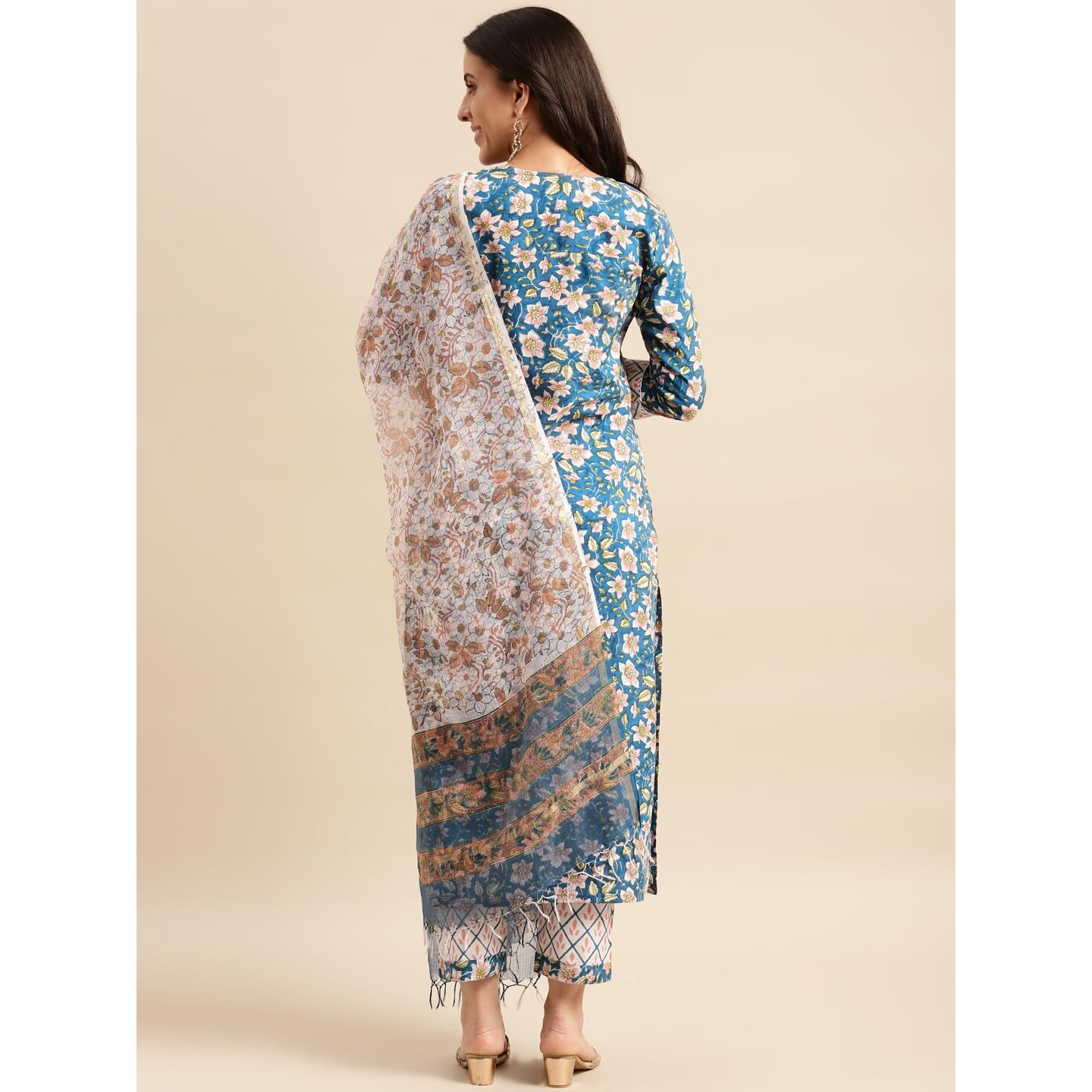 Gosriki Women's Cotton Blend Straight Printed Kurta With Pant & Dupatta (Kuntu Blue-Nwg-Gs_Xxl_Blue_Xx-Large)