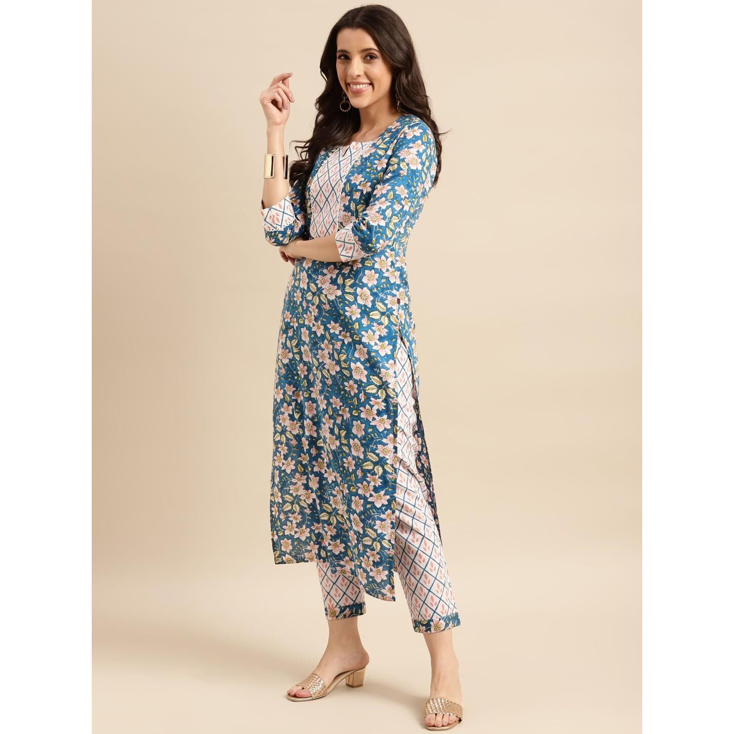 Gosriki Women's Cotton Blend Straight Printed Kurta With Pant & Dupatta (Kuntu Blue-Nwg-Gs_Xxl_Blue_Xx-Large)