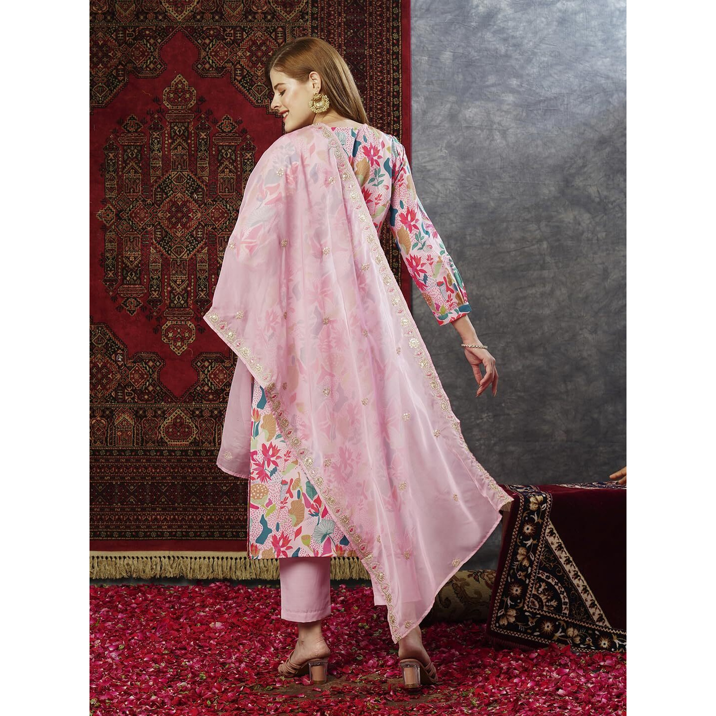 Gosriki Women's Rayon Blend Printed Straight Kurta With Pant & Dupatta (Maslin-Multi-Jl-Gs_M_Peach_Medium)