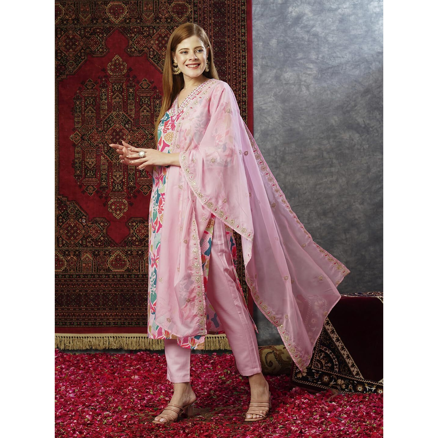Gosriki Women's Rayon Blend Printed Straight Kurta With Pant & Dupatta (Maslin-Multi-Jl-Gs_M_Peach_Medium)