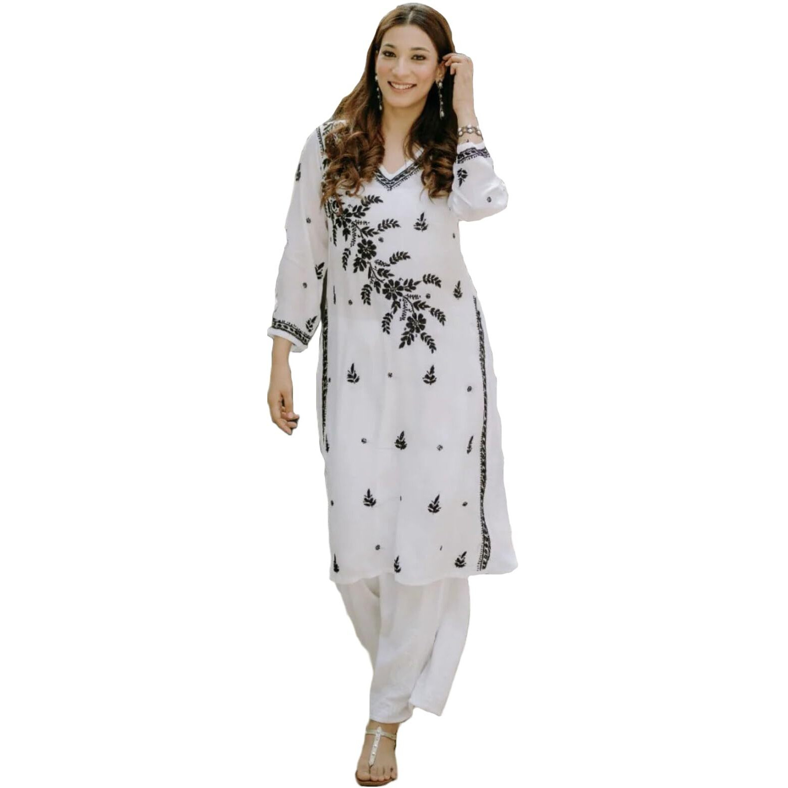 Gosriki Women's Cotton Blend Chikankari Embroidered Straight Kurta (Lada White-Nw-Gs_Xl_White_X-Large)