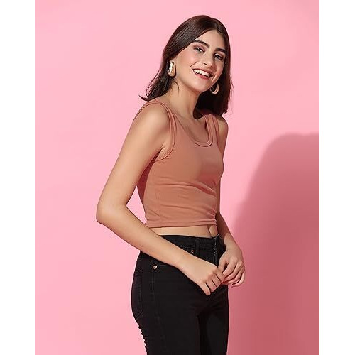 Toplot Women's Solid Ribbed Round Neck Sleeveless Slim Fit Tank Top (Tank-Top-5069-Rust-Xl)