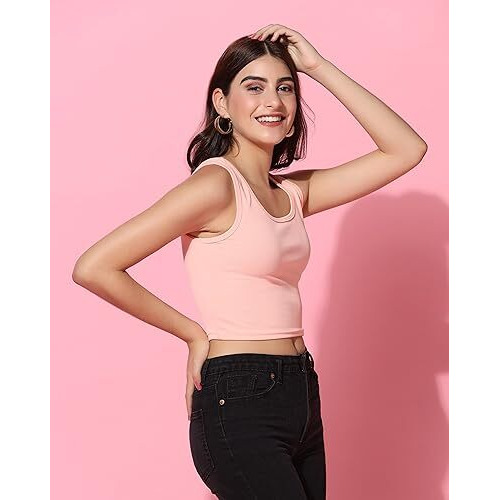 Toplot Women's Solid Ribbed Round Neck Sleeveless Slim Fit Tank Top (Tank-Top-5069-Peach-Xl)