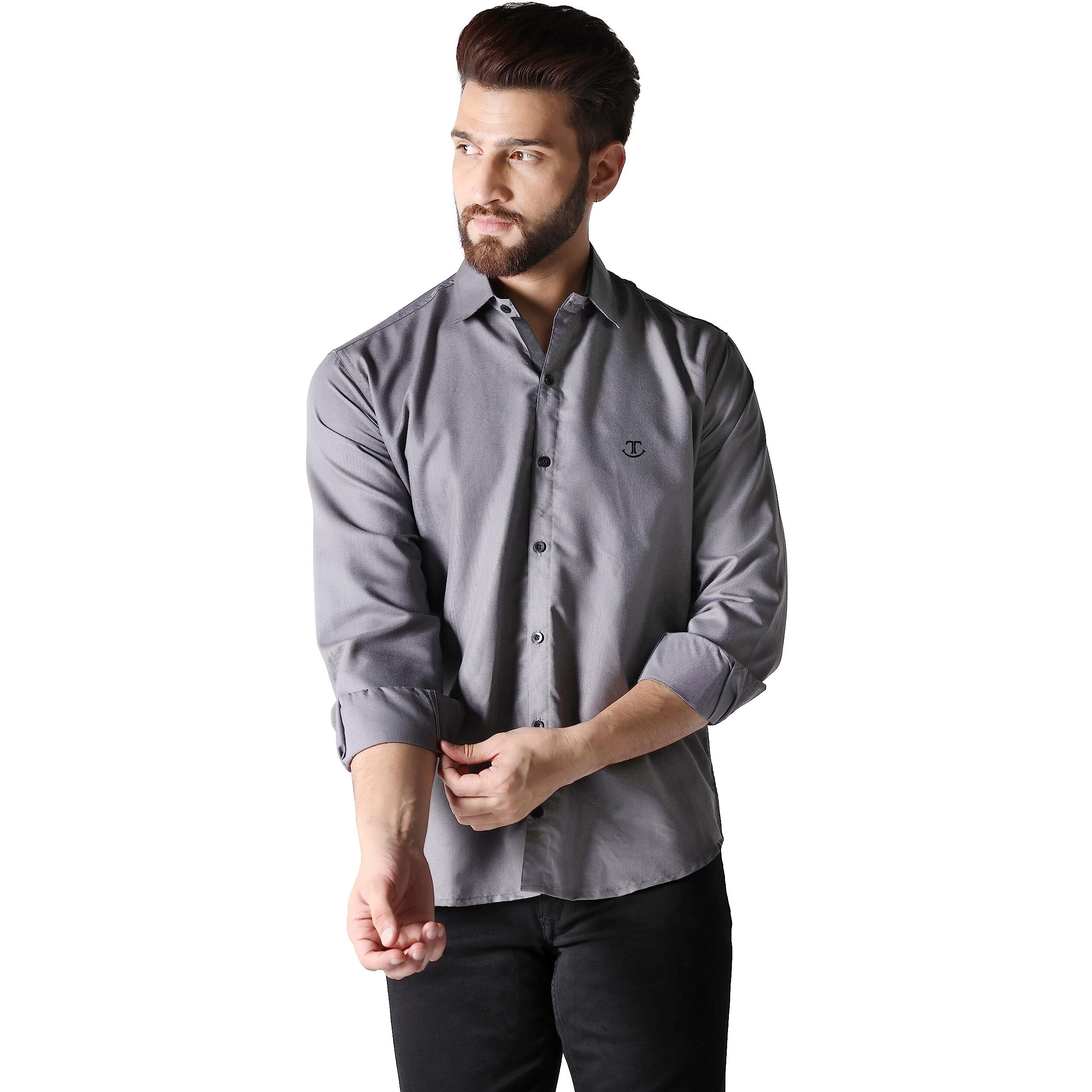 Toplot Men's Solid Slim Fit Cotton Blend Casual Shirt With Spread Collar & Full Sleeves (Plain-Shirt-5112-Grey-S)