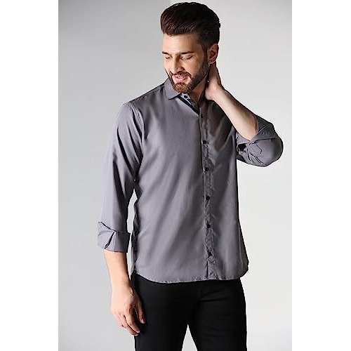 Toplot Men's Solid Slim Fit Cotton Blend Casual Shirt With Spread Collar & Full Sleeves (Plain-Shirt-5112-Grey-S)