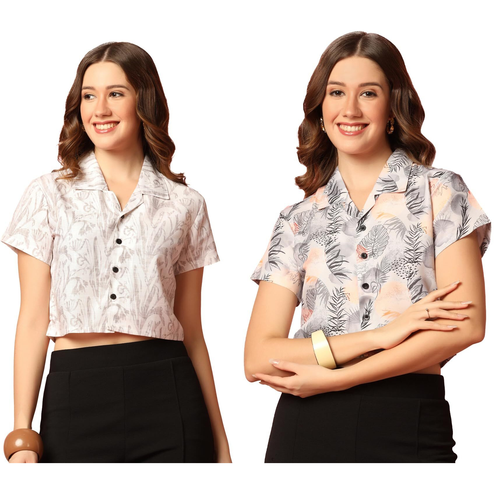 Toplot Women's Casual Printed Crop Shirt With Half Sleeve Pack Of 2 (Combo-5059-Tre-Wht-L)