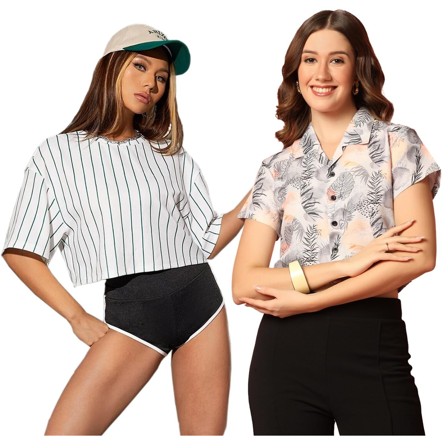 Toplot Women's Casual Printed Crop Top With Short Sleeve Pack Of 2 (Combo-5135-Tre-Wht-L)