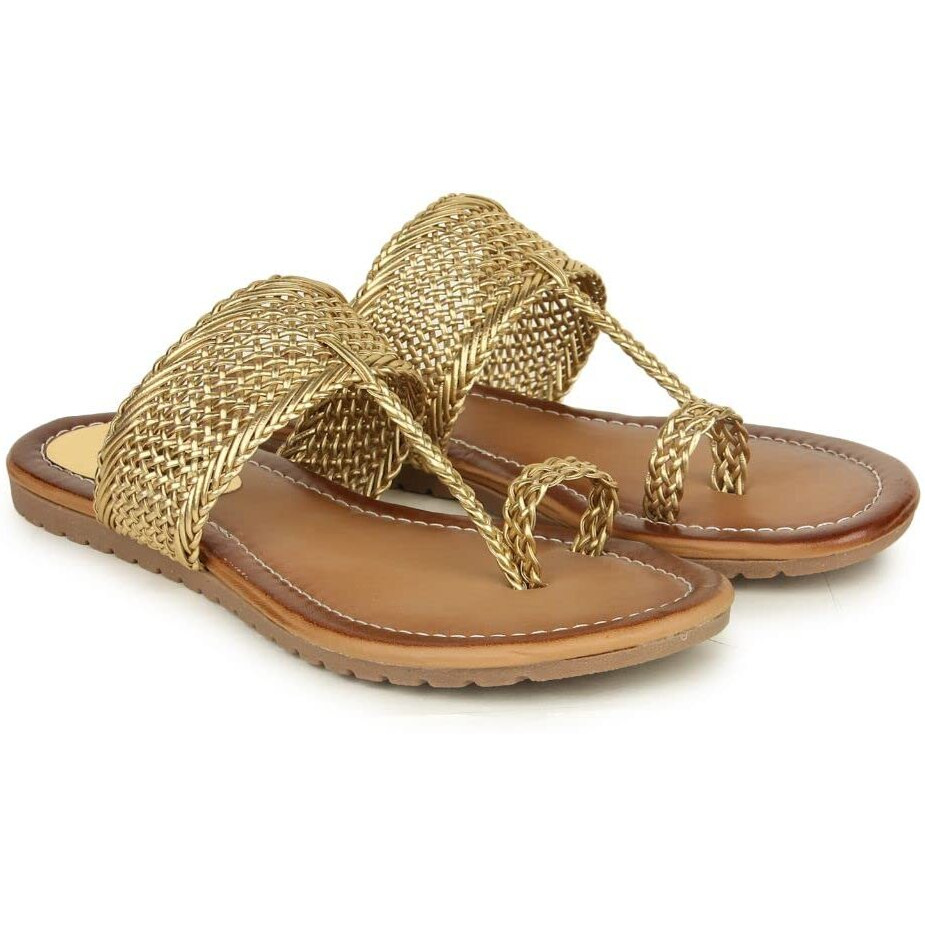 Shoetopia Women's Wedge Heel Kolhapuris, Golden