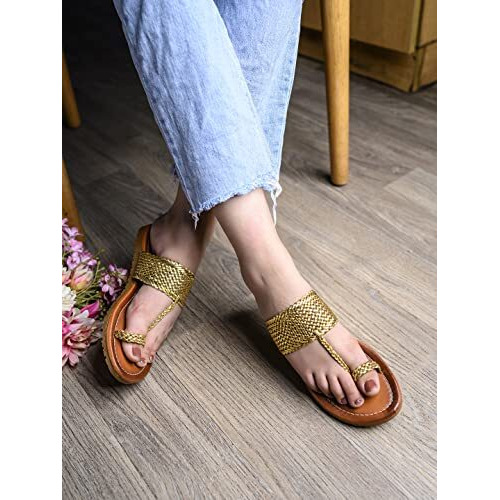 Shoetopia Women's Wedge Heel Kolhapuris, Golden