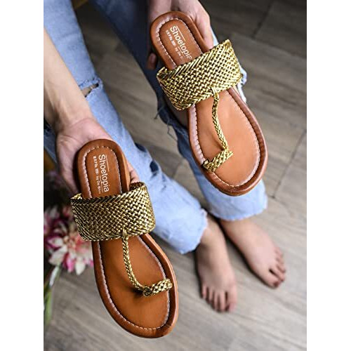 Shoetopia Women's Wedge Heel Kolhapuris, Golden