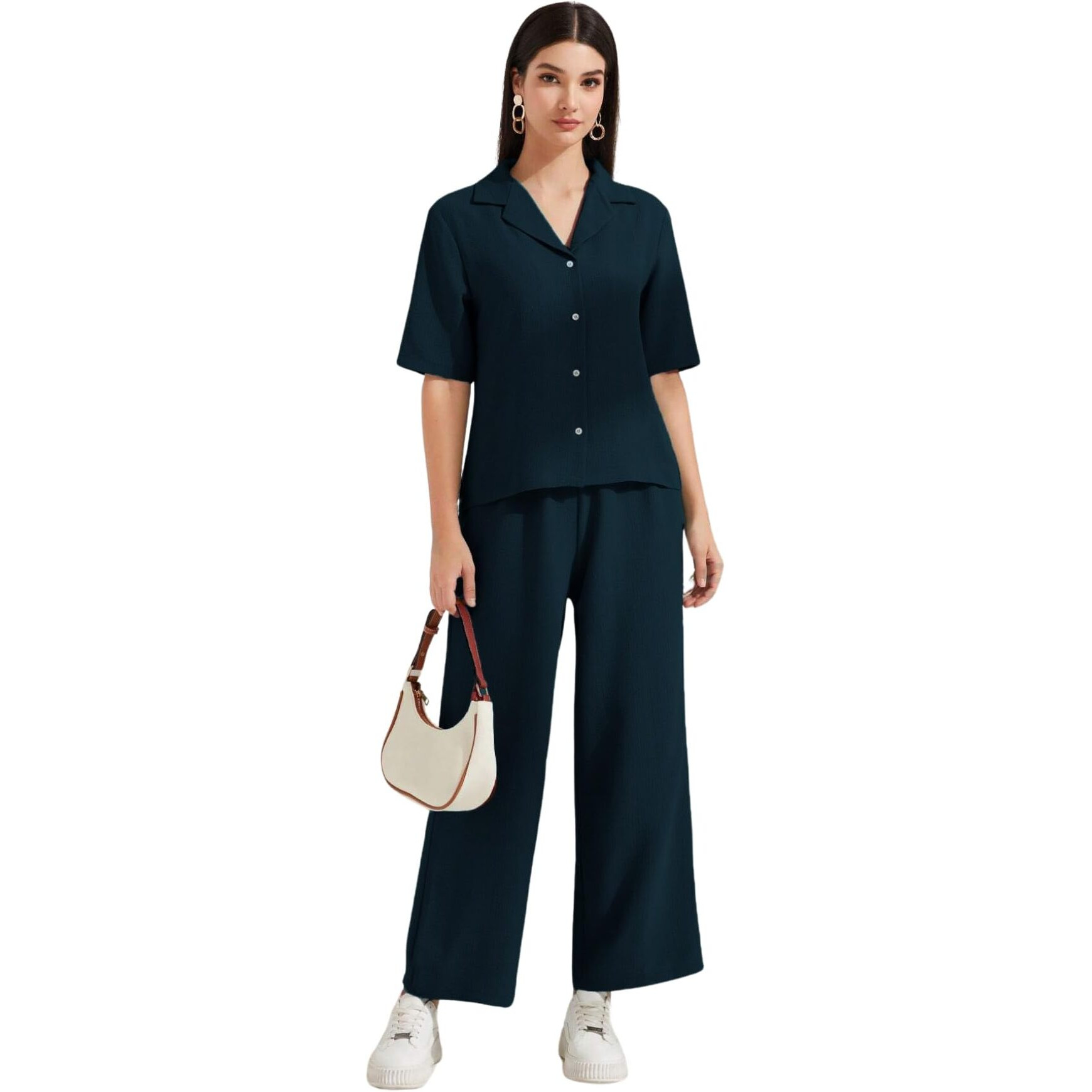 Toplot Women's Solid Color Co-Ord Set | Short Sleeve Top & Wide Leg Pants Coord Set | Casual Wear Co-Ord Set (Pop-Coord-5232-Teal-S)