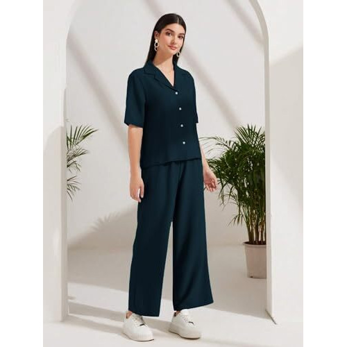 Toplot Women's Solid Color Co-Ord Set | Short Sleeve Top & Wide Leg Pants Coord Set | Casual Wear Co-Ord Set (Pop-Coord-5232-Teal-S)