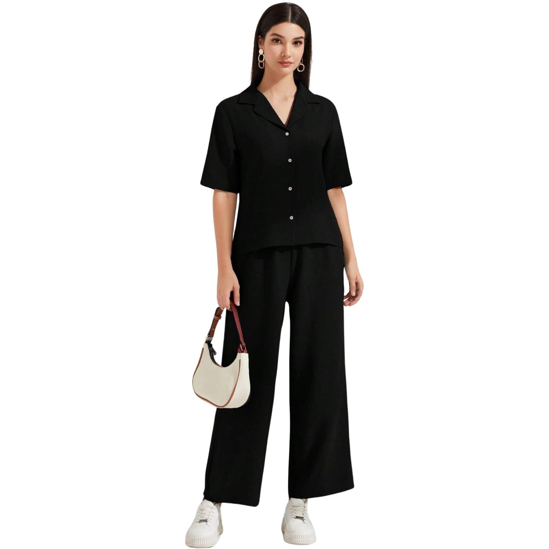 Toplot Women's Solid Color Co-Ord Set | Short Sleeve Top & Wide Leg Pants Coord Set | Casual Wear Co-Ord Set (Pop-Coord-5232-Black-M)
