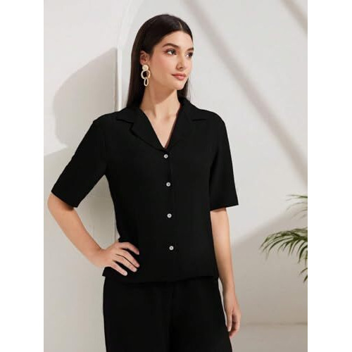 Toplot Women's Solid Color Co-Ord Set | Short Sleeve Top & Wide Leg Pants Coord Set | Casual Wear Co-Ord Set (Pop-Coord-5232-Black-M)