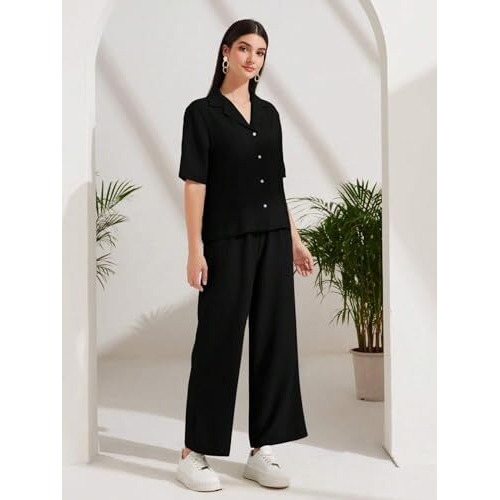 Toplot Women's Solid Color Co-Ord Set | Short Sleeve Top & Wide Leg Pants Coord Set | Casual Wear Co-Ord Set (Pop-Coord-5232-Black-M)