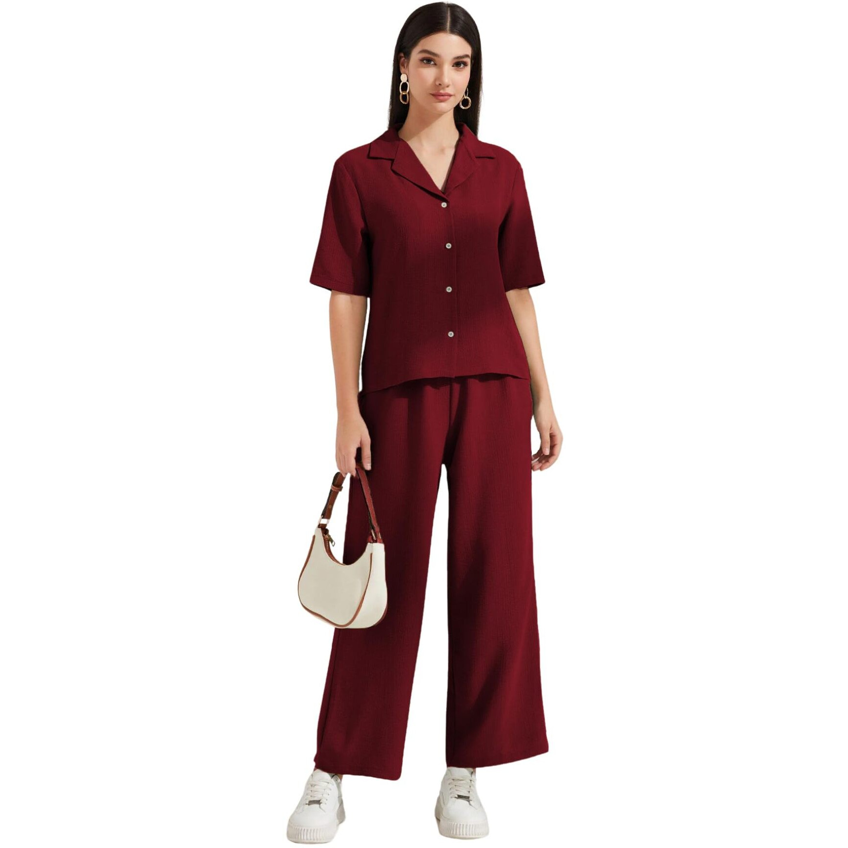 Toplot Women's Solid Color Co-Ord Set | Short Sleeve Top & Wide Leg Pants Coord Set | Casual Wear Co-Ord Set (Pop-Coord-5232-Maroon-M)