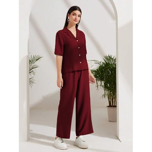 Toplot Women's Solid Color Co-Ord Set | Short Sleeve Top & Wide Leg Pants Coord Set | Casual Wear Co-Ord Set (Pop-Coord-5232-Maroon-M)