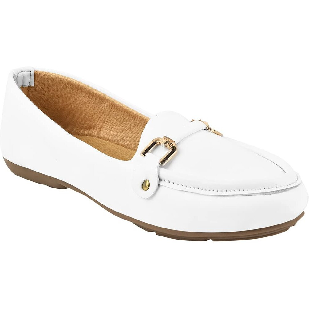 Shoetopia Golden Metal Buckle Detailed White Loafers For Women & Girls-Eu38
