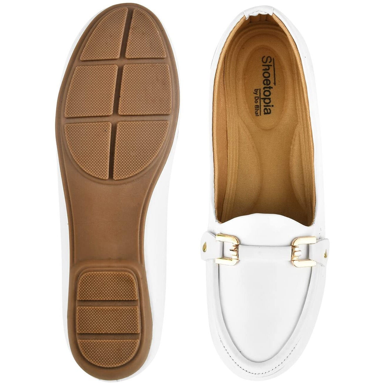 Shoetopia Golden Metal Buckle Detailed White Loafers For Women & Girls-Eu38